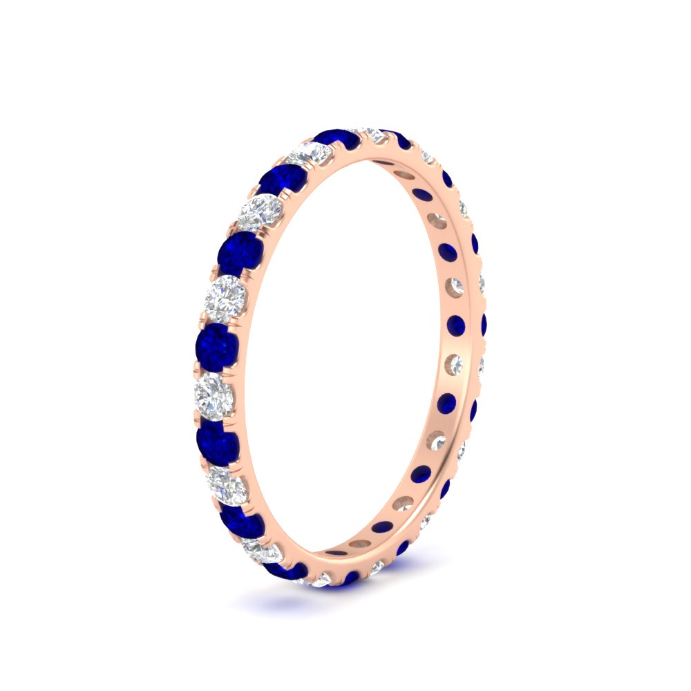 0.75 Ct. Round Eternity Wedding Band with 18K Rose Gold Blue Sapphire