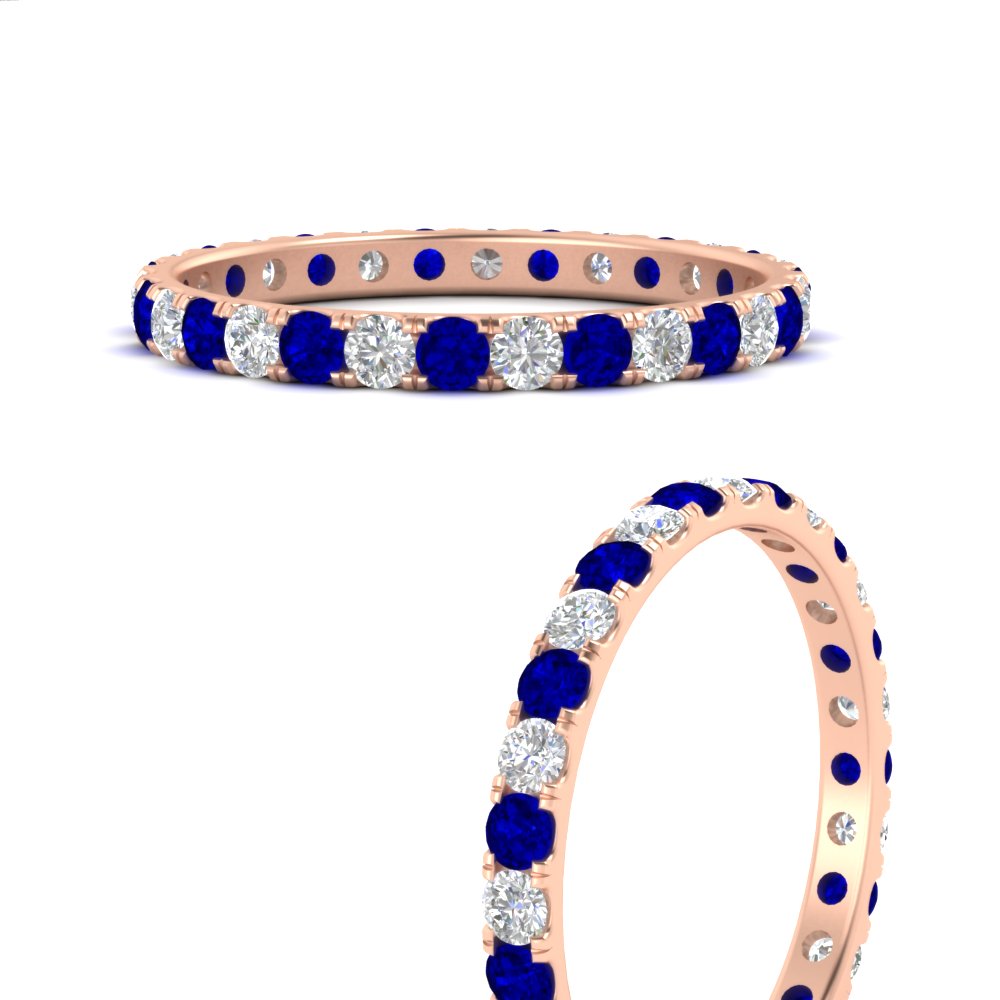 0.75 Ct. Round Eternity Wedding Band with 18K Rose Gold Blue Sapphire
