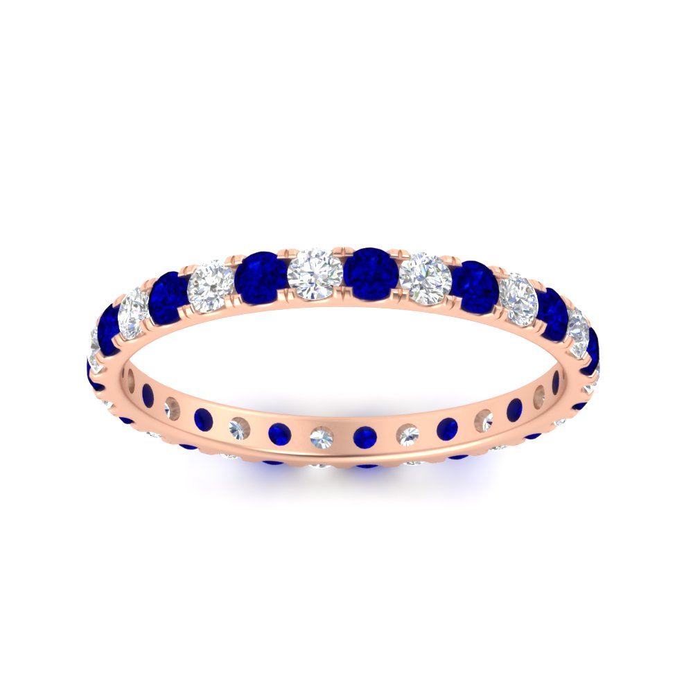0.75 Ct. Round Eternity Wedding Band with 18K Rose Gold Blue Sapphire