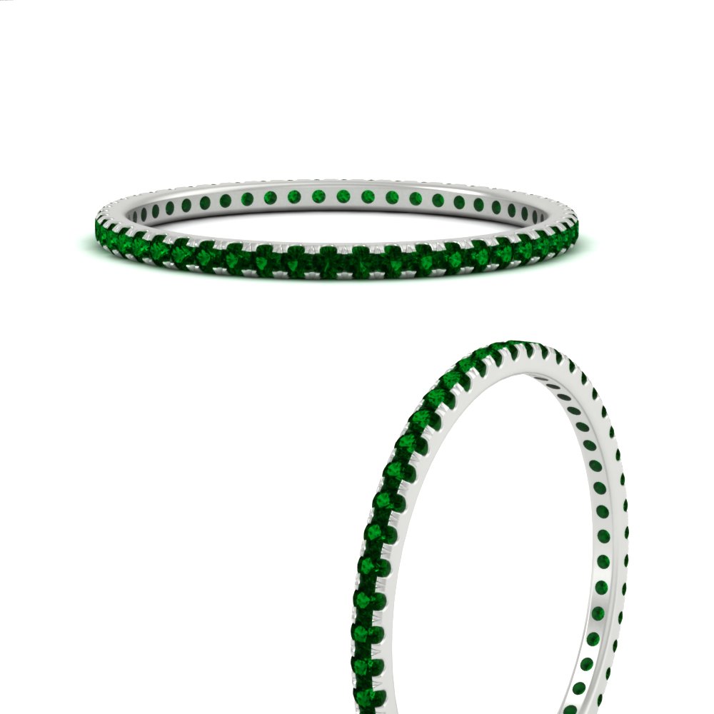 Green Stackable Eternity Wedding Ring with Green Emerald in 14K White Gold