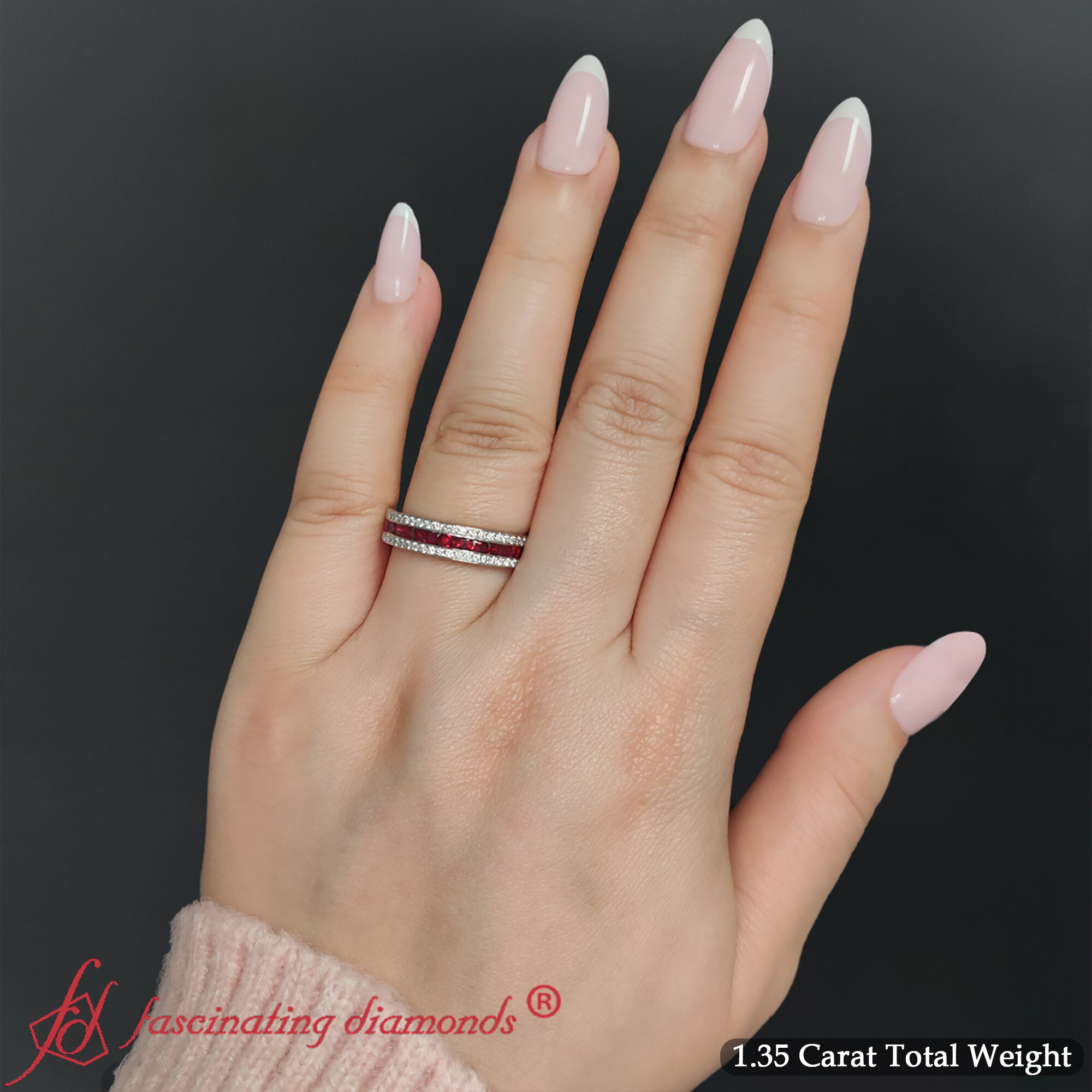 1.35 Ct. 3 Row Eternity Wedding Ring with 950 Platinum Red Ruby