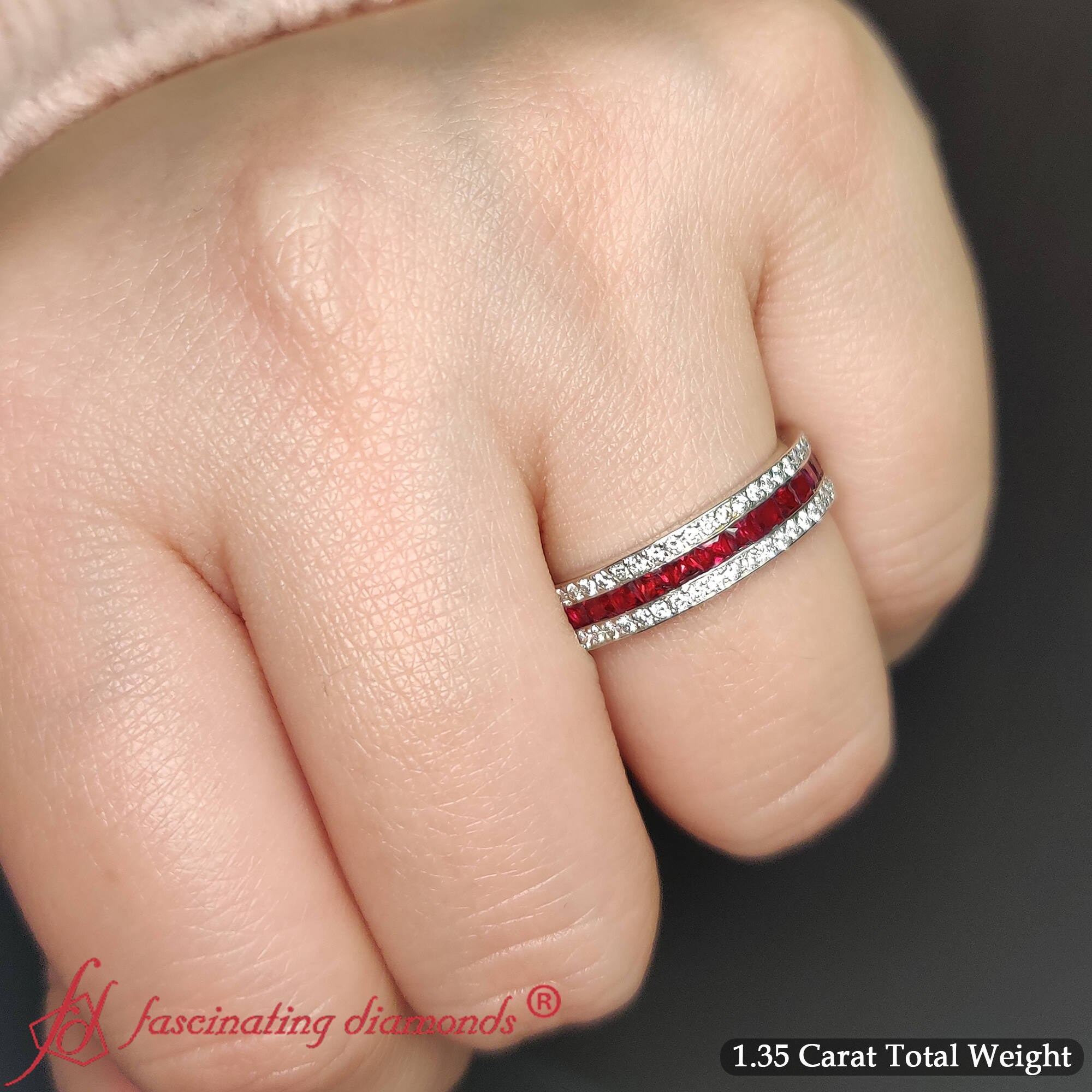 1.35 Ct. 3 Row Eternity Wedding Ring with 950 Platinum Red Ruby