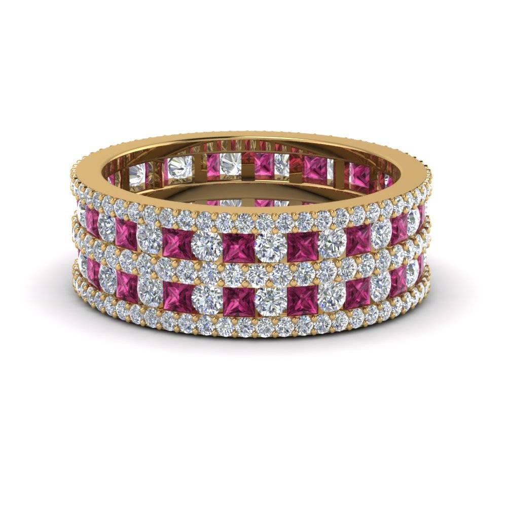 Multi Row Eternity Ring 3 Ctw with 14K Yellow Gold Pink Sapphire