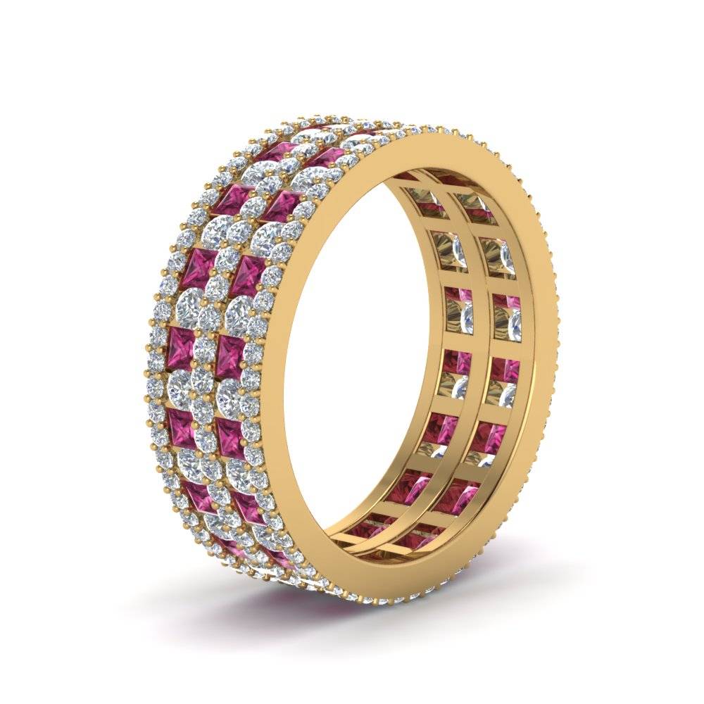 Multi Row Eternity Ring 3 Ctw with 14K Yellow Gold Pink Sapphire