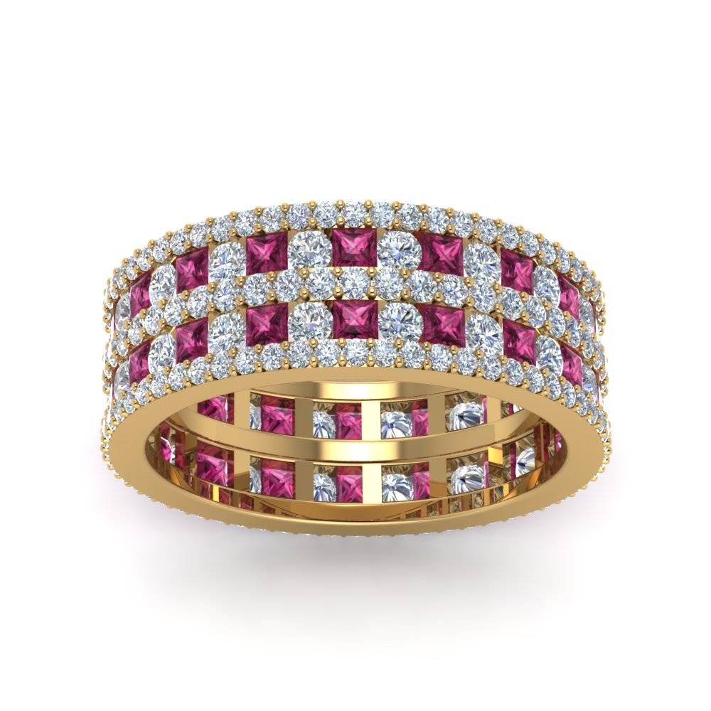 Multi Row Eternity Ring 3 Ctw with 14K Yellow Gold Pink Sapphire