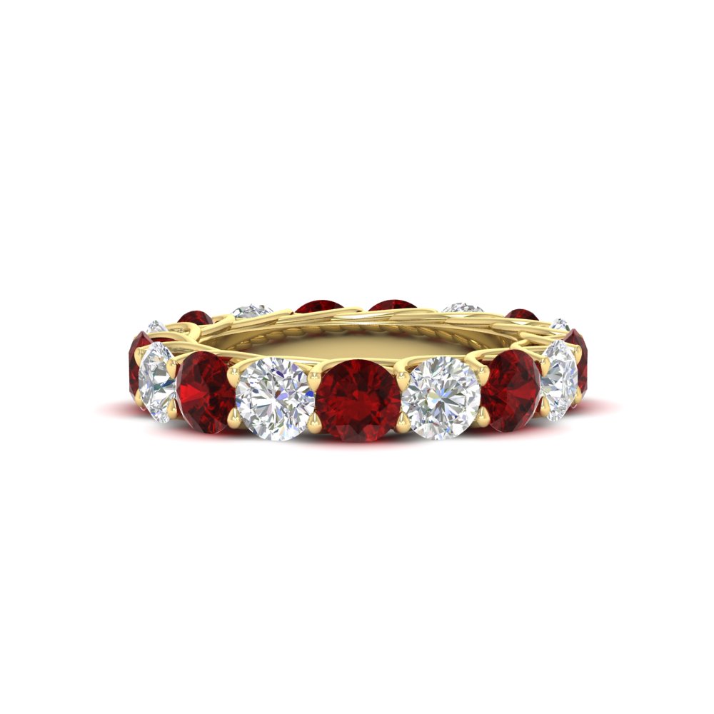 Round Cut 5 Carat Diamond Eternity Ring with 14K Yellow Gold Red Ruby