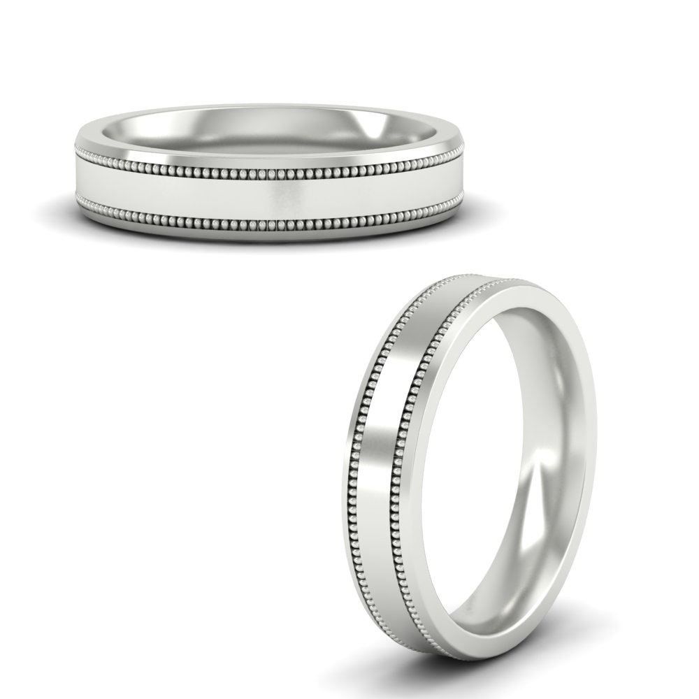  5 mm Mens Band Double Milgrain with White Diamond 14K White Gold