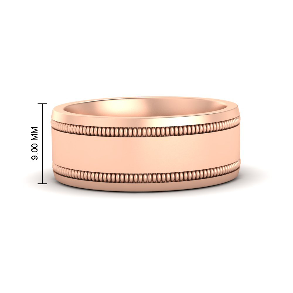  9 mm Double Milgrain Male Wedding Band Ring with White Diamond 14K Rose Gold