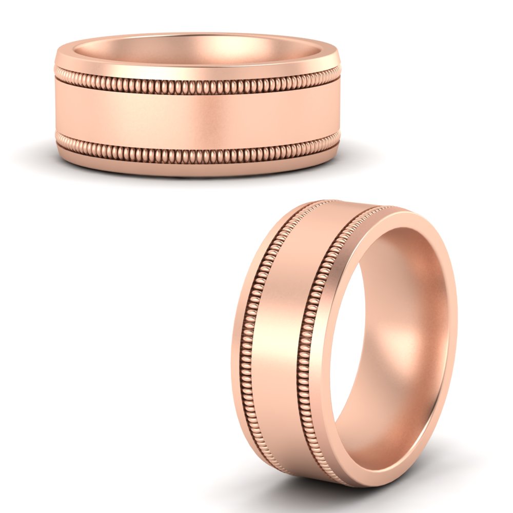  9 mm Double Milgrain Male Wedding Band Ring with White Diamond 14K Rose Gold