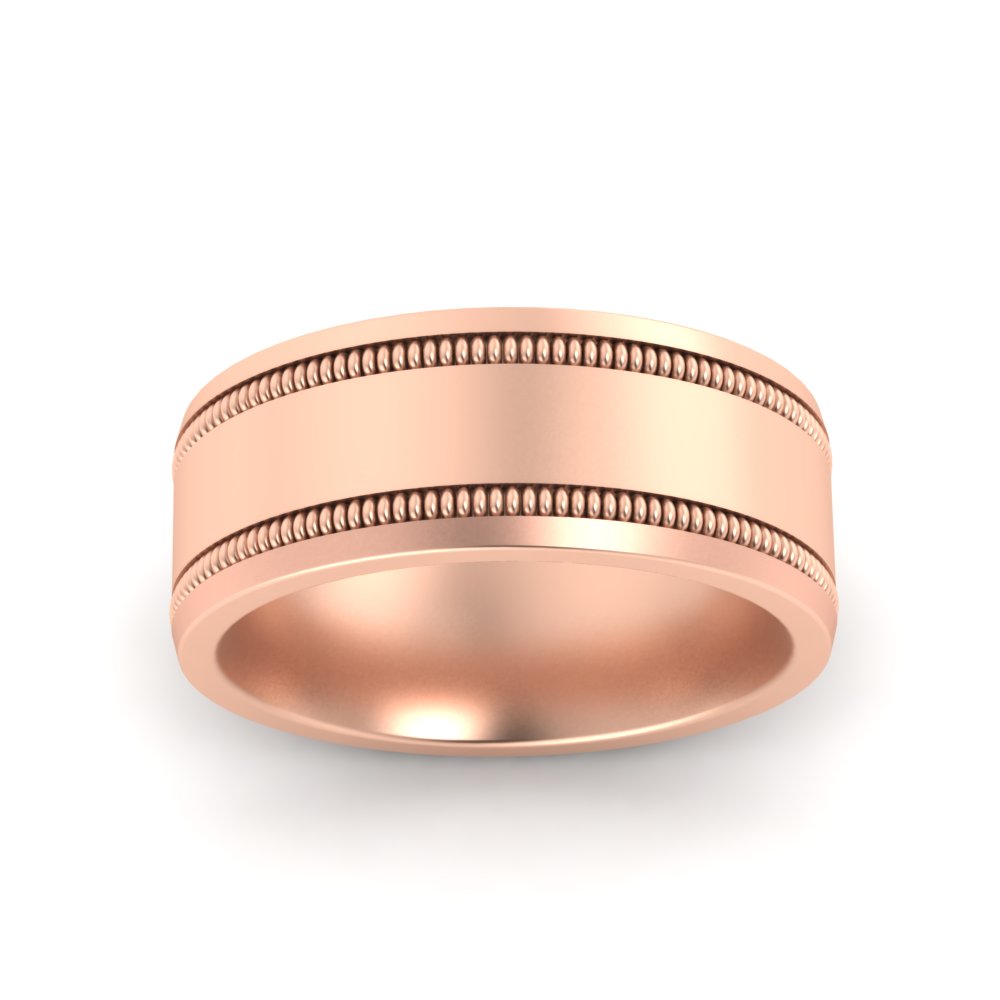  9 mm Double Milgrain Male Wedding Band Ring with White Diamond 14K Rose Gold