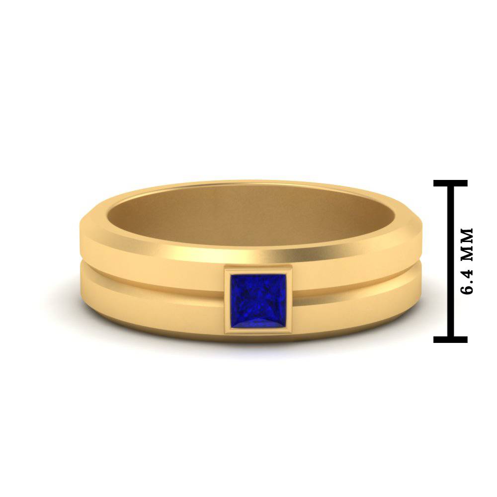 Mens Princess Cut Solitaire Wedding Ring with 14K Yellow Gold Blue Sapphire