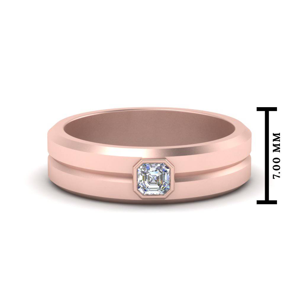 Mens Assccher Cut Solitaire Wedding Ring with 14K Rose Gold White Diamond