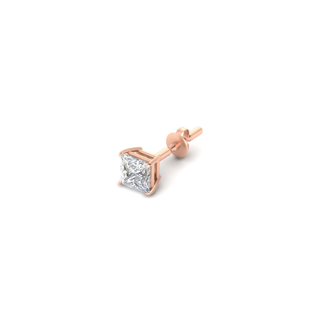 1 Carat Single Solitaire Princess Cut Male Earring with 14K Rose Gold White Diamond