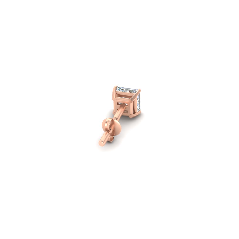 1 Carat Single Solitaire Princess Cut Male Earring with 14K Rose Gold White Diamond