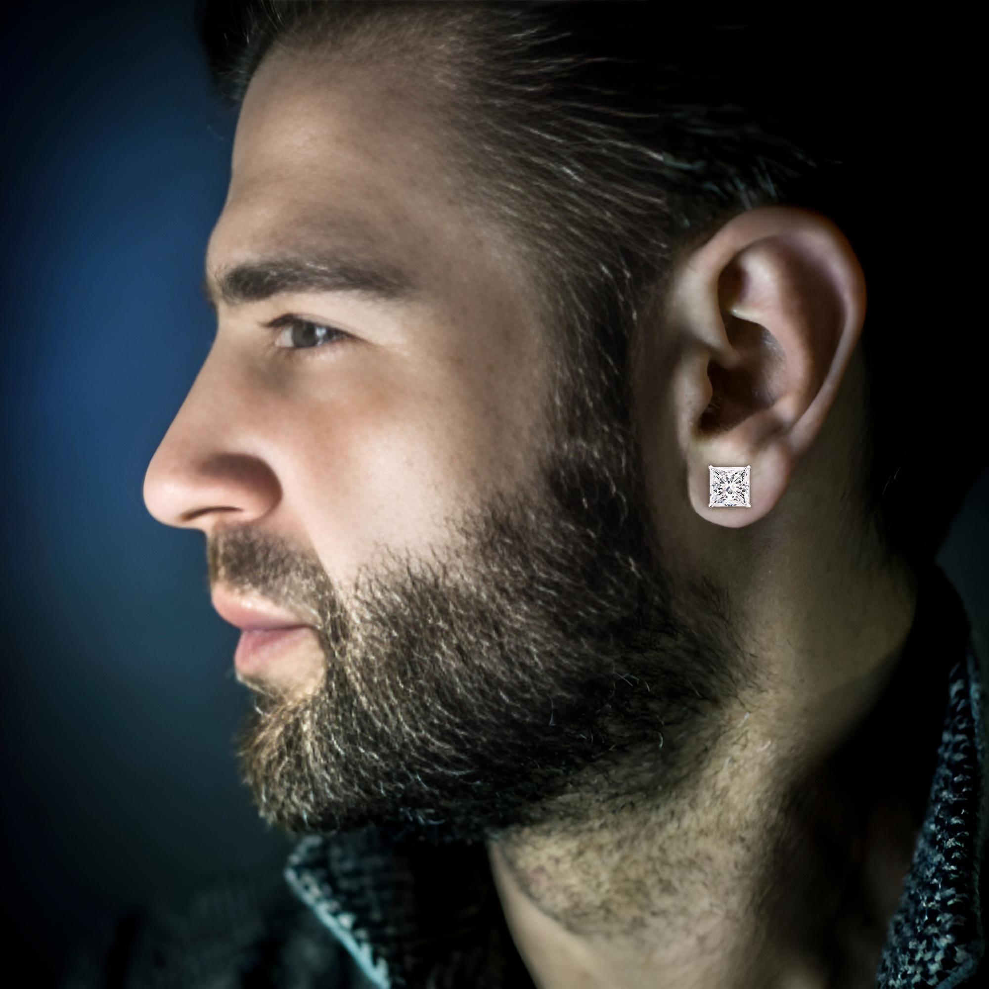 5 Carat Square Cut Mens Earring with 14K White Gold White Diamond
