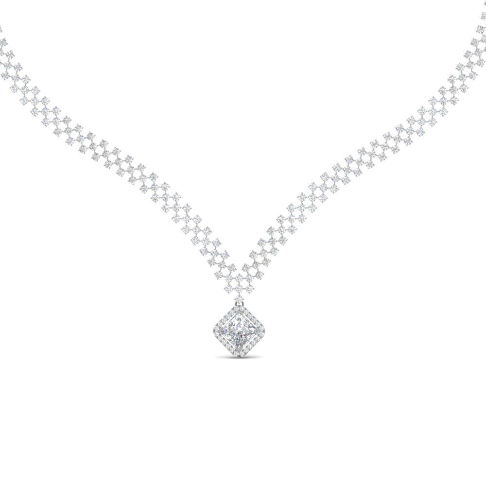 Semi Mount Shaped Checks Design Diamond Necklace with White Diamond 14K White Gold