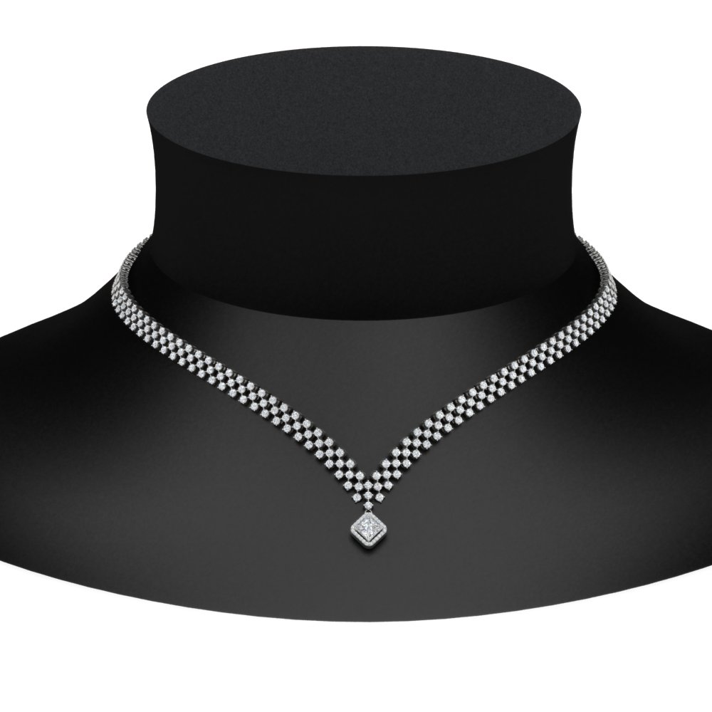 Semi Mount Shaped Checks Design Diamond Necklace with White Diamond 14K White Gold