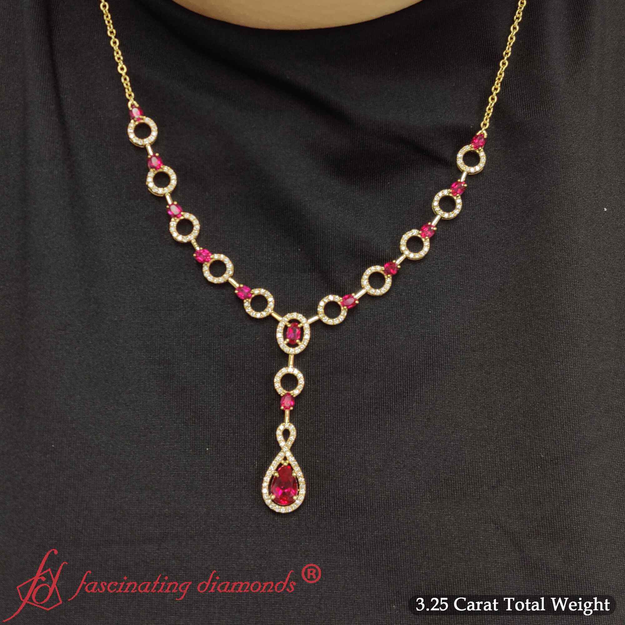 Beautiful Circle Drop Necklace with 14K Yellow Gold Red Ruby