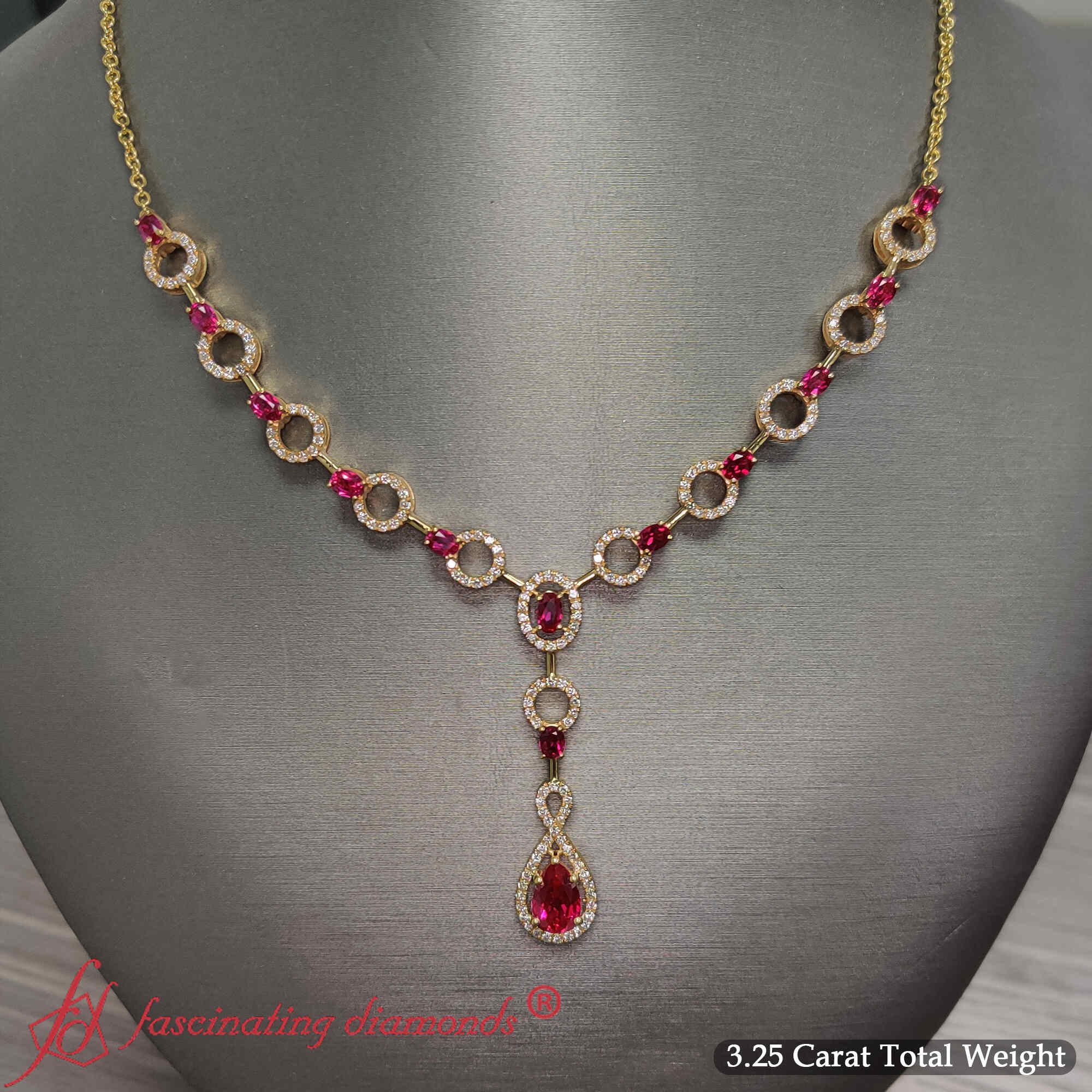 Beautiful Circle Drop Necklace with 14K Yellow Gold Red Ruby