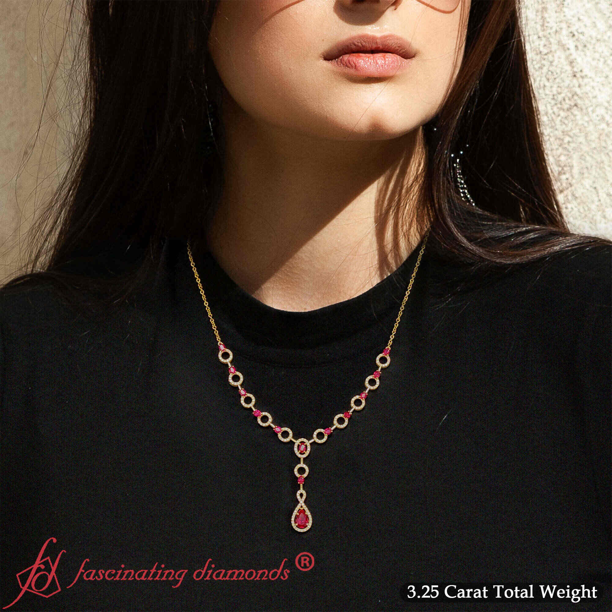Beautiful Circle Drop Necklace with 14K Yellow Gold Red Ruby