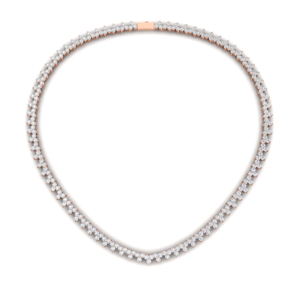 12 Carat Three Stone Diamond Cluster Gold Tennis Necklace with 14K Rose Gold White Diamond