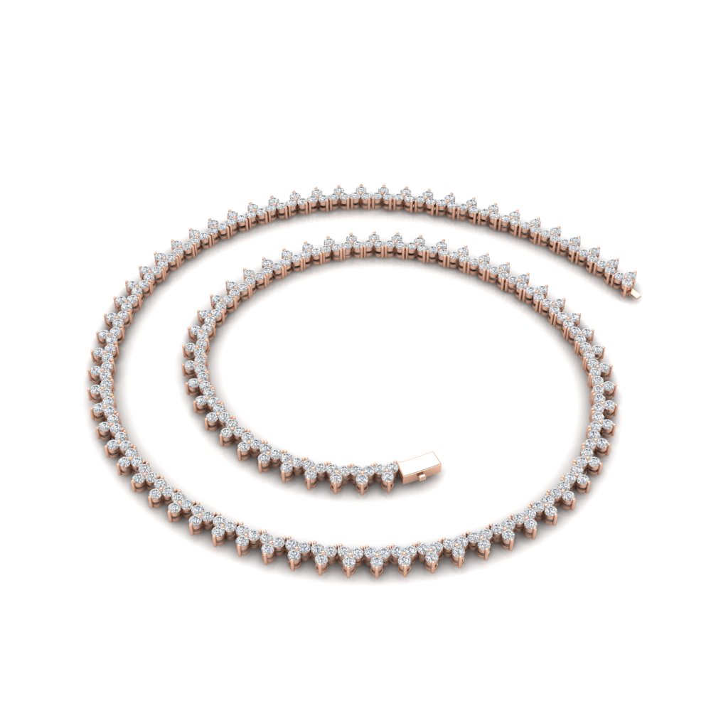 12 Carat Three Stone Diamond Cluster Gold Tennis Necklace with 14K Rose Gold White Diamond