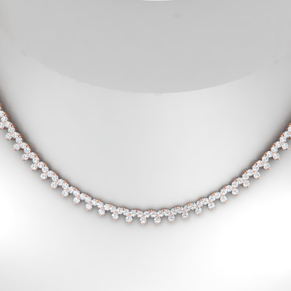 12 Carat Three Stone Diamond Cluster Gold Tennis Necklace with 14K Rose Gold White Diamond