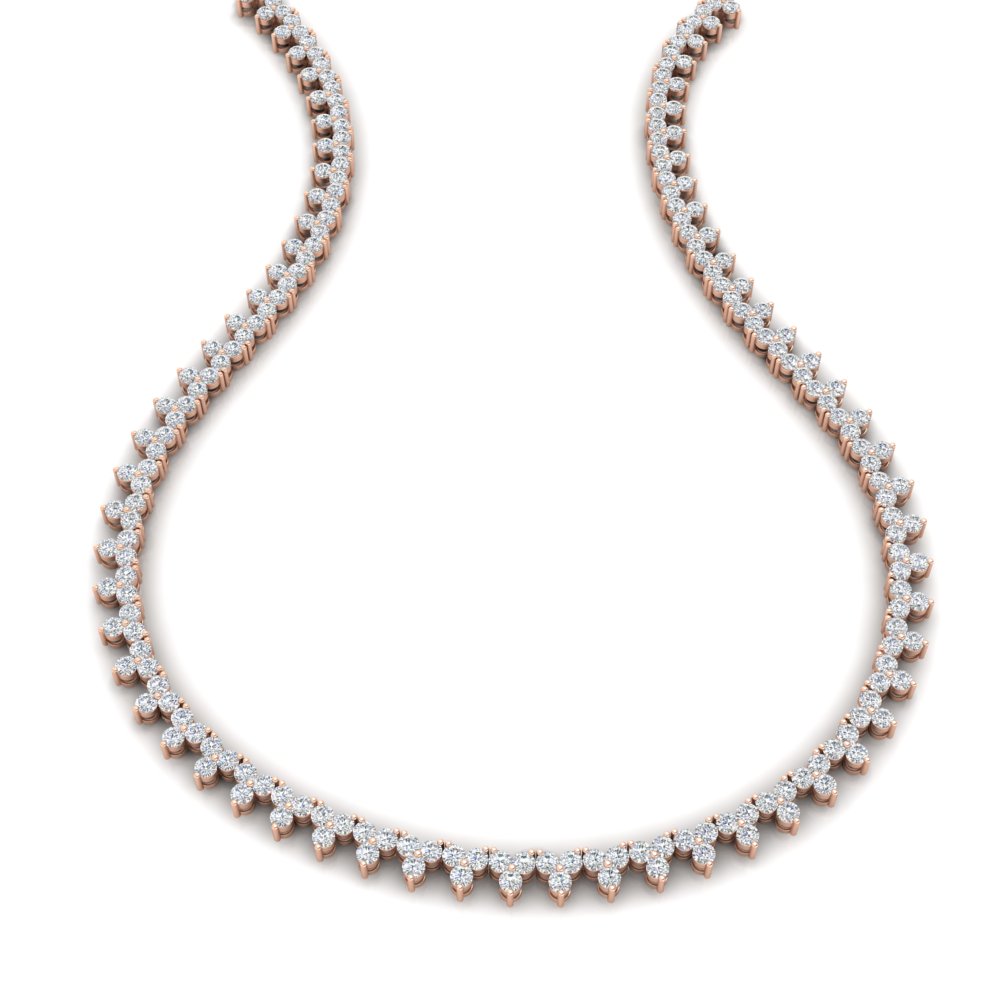 12 Carat Three Stone Diamond Cluster Gold Tennis Necklace with 14K Rose Gold White Diamond