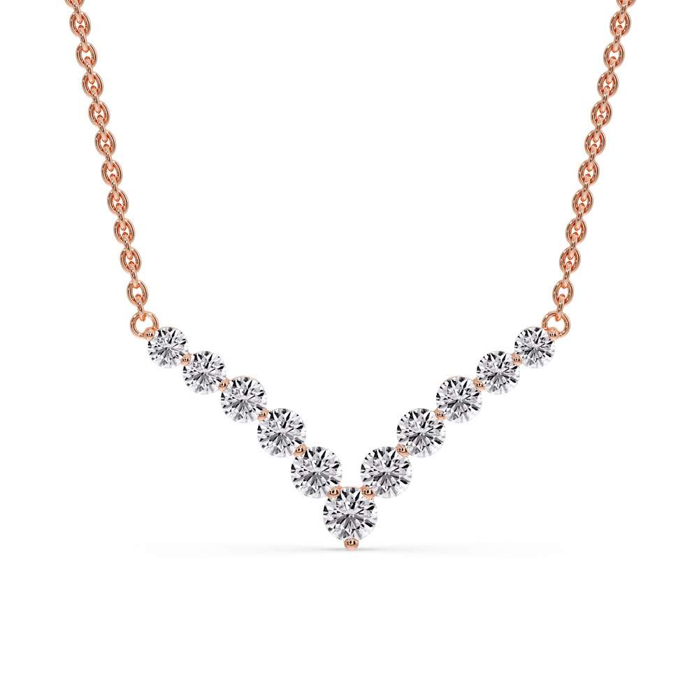V Shaped Graduated Diamond Necklace with 14K Rose Gold White Diamond