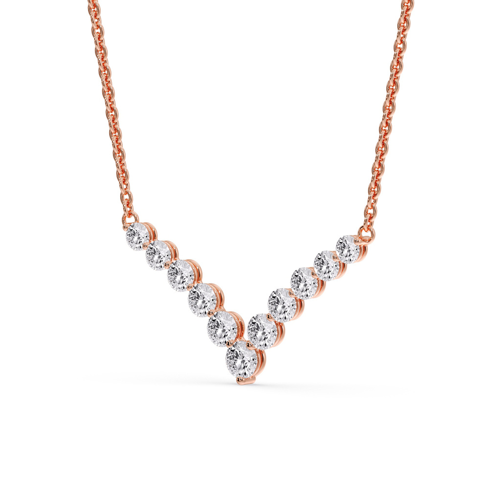 V Shaped Graduated Diamond Necklace with 14K Rose Gold White Diamond