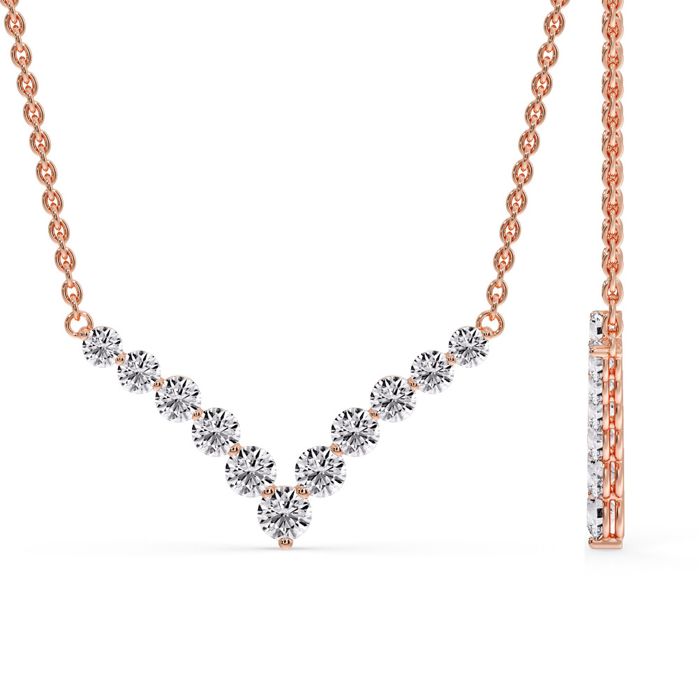 V Shaped Graduated Diamond Necklace with 14K Rose Gold White Diamond