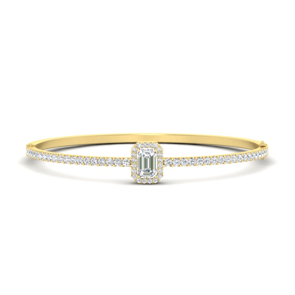 Emerald Cut Halo Style Bangle Bracelet with 14K Yellow Gold White Diamond
