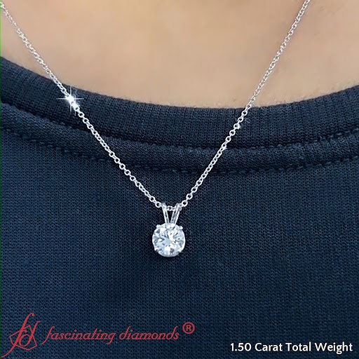 Round 4 Prong Solitaire Diamond 1.50 Carat Pendant with 14K White Gold White Diamond