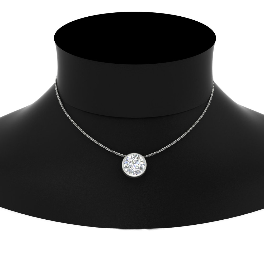 3 Carat Round Bezel Solitaire Diamond Pendant with 14K White Gold White Diamond