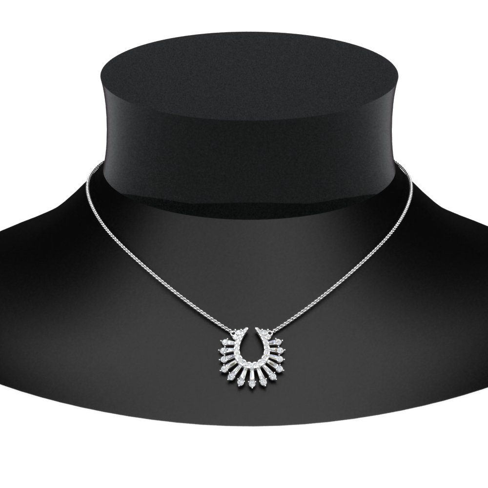 Horse Shoe Pendant With Baguette with 14K White Gold White Diamond
