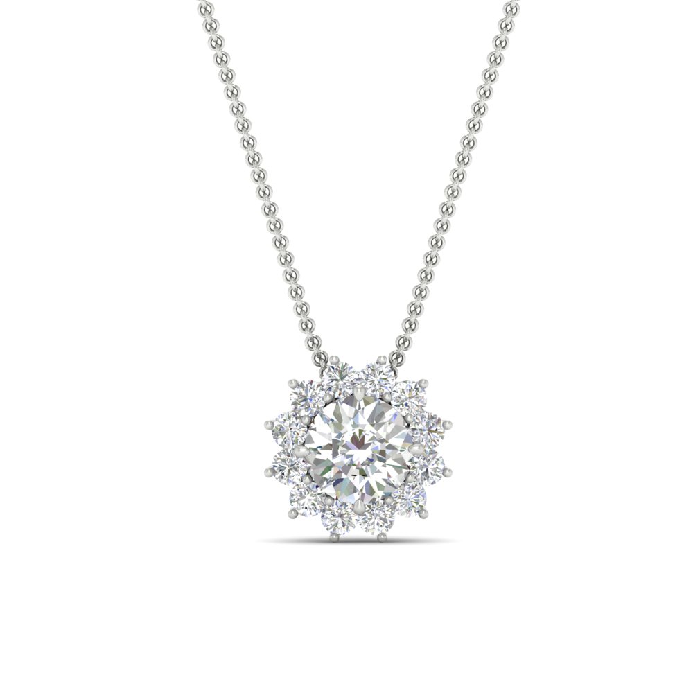 Solitaire Halo Pendant Necklace with 14K White Gold White Diamond