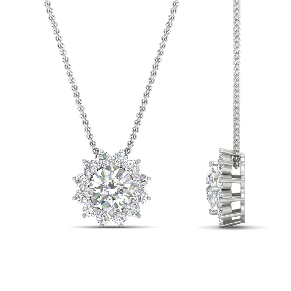 Solitaire Halo Pendant Necklace with 14K White Gold White Diamond