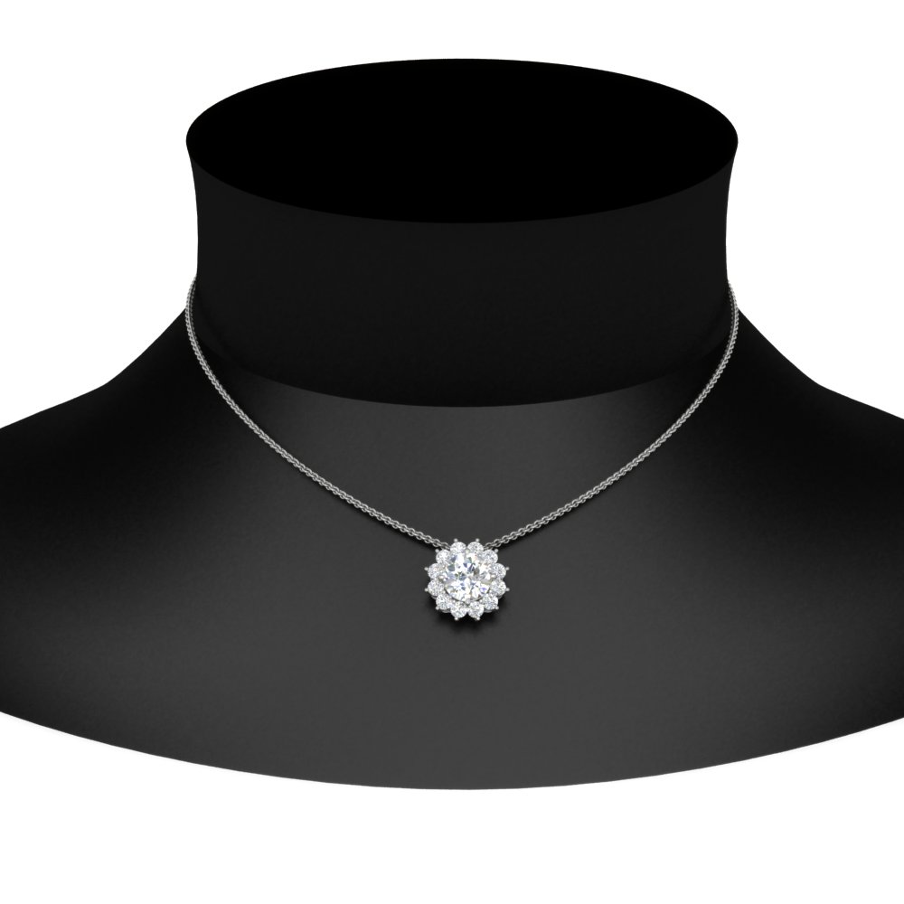 Solitaire Halo Pendant Necklace with 14K White Gold White Diamond