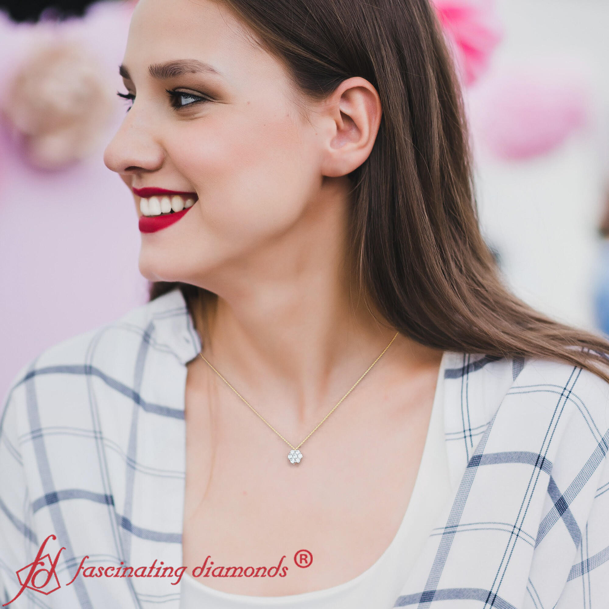 Diamond Flower 2 Tone Pendant with 14K Yellow Gold White Diamond