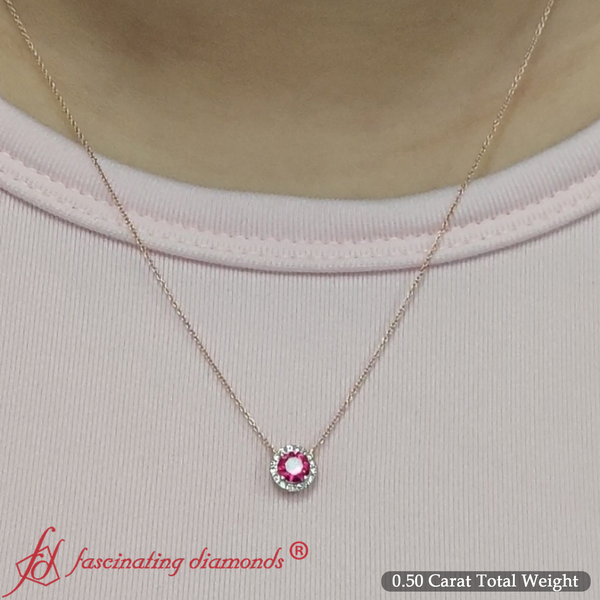 Half Carat Diamond Halo Necklace with 14K Rose Gold Red Ruby