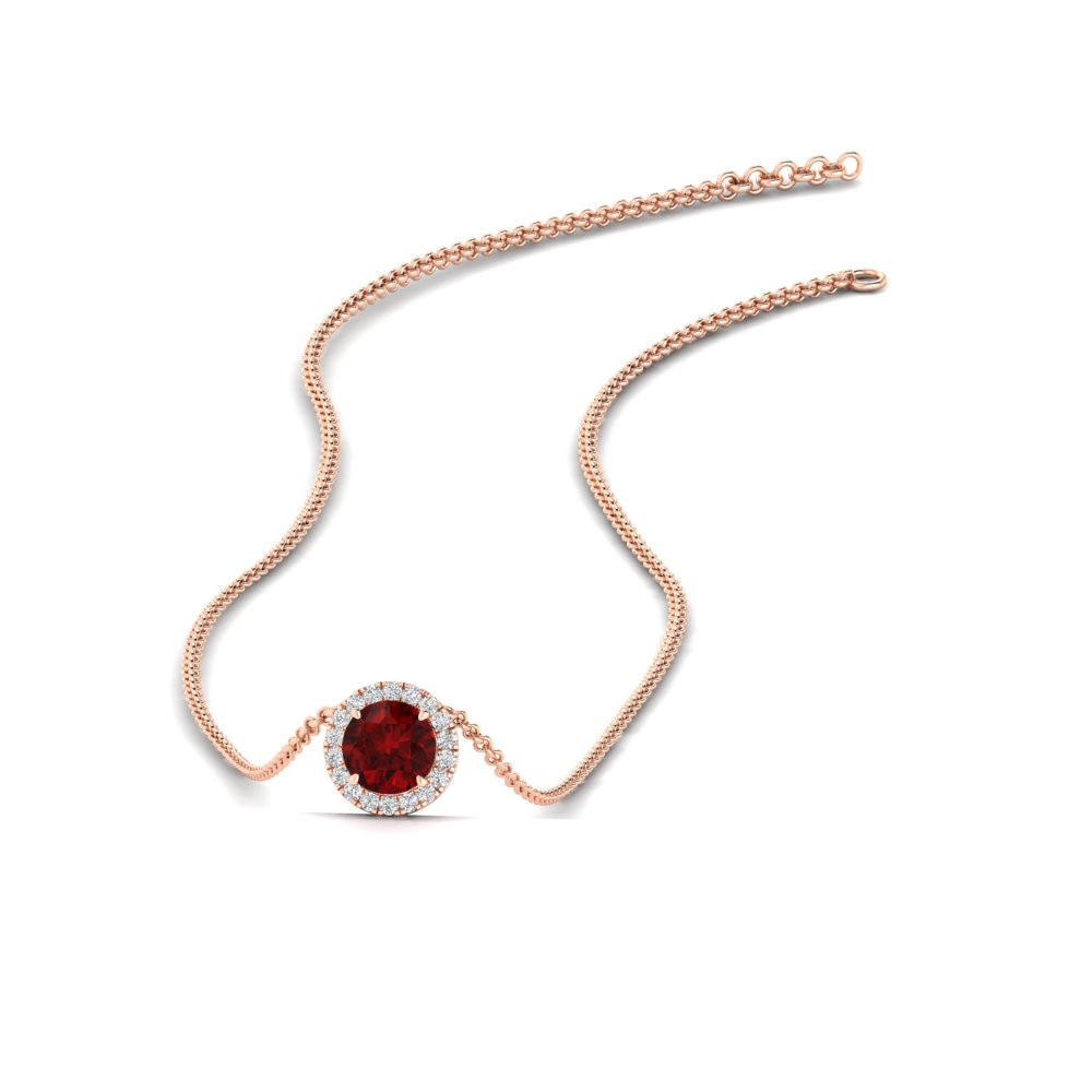 Half Carat Diamond Halo Necklace with 14K Rose Gold Red Ruby