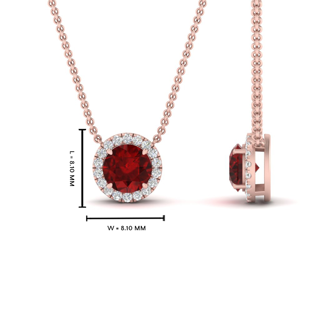 Half Carat Diamond Halo Necklace with 14K Rose Gold Red Ruby
