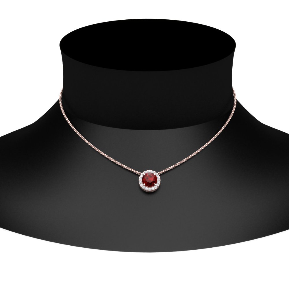 Half Carat Diamond Halo Necklace with 14K Rose Gold Red Ruby