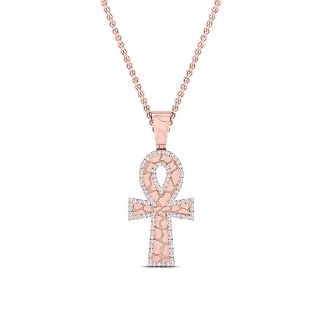 Vintage Ankh Cross Diamond Pendant with 14K Rose Gold White Diamond