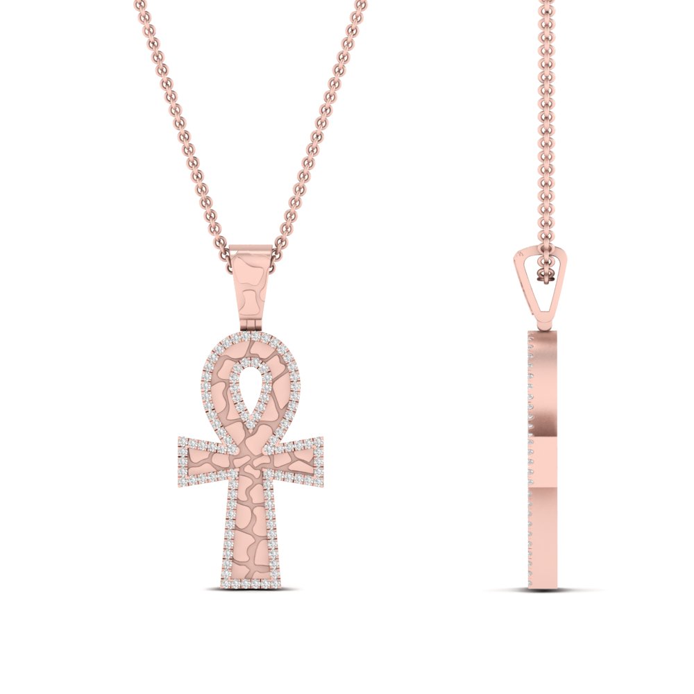Vintage Ankh Cross Diamond Pendant with 14K Rose Gold White Diamond