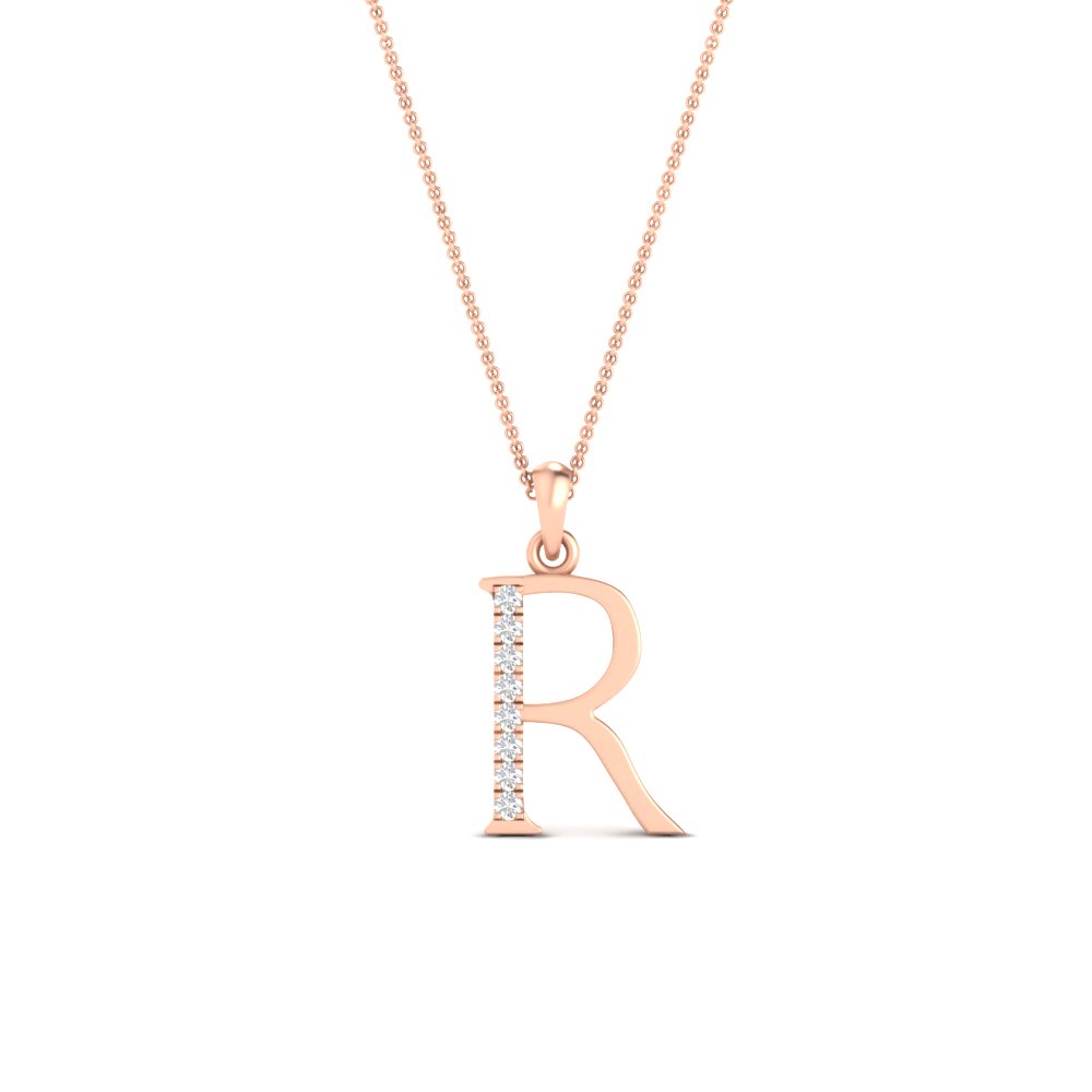 Alphabet Initial Letter R Diamond Pendant with 14K Rose Gold White Diamond