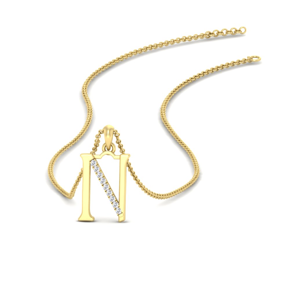 Alphabet N Diamond Pendant with 14K Yellow Gold White Diamond