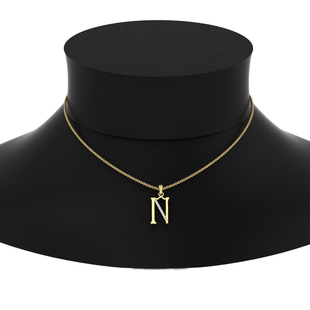 Alphabet N Diamond Pendant with 14K Yellow Gold White Diamond