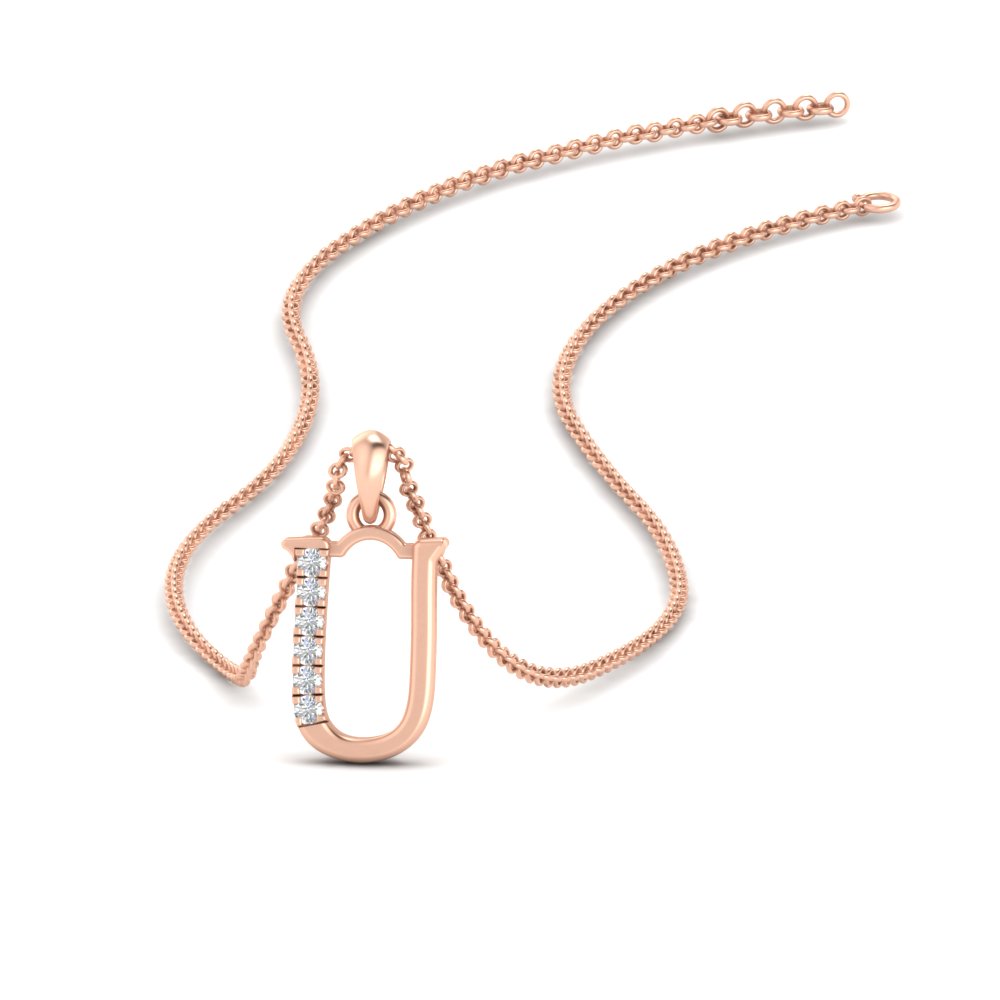 Diamond Initial U Pendant Necklace with 14K Rose Gold White Diamond