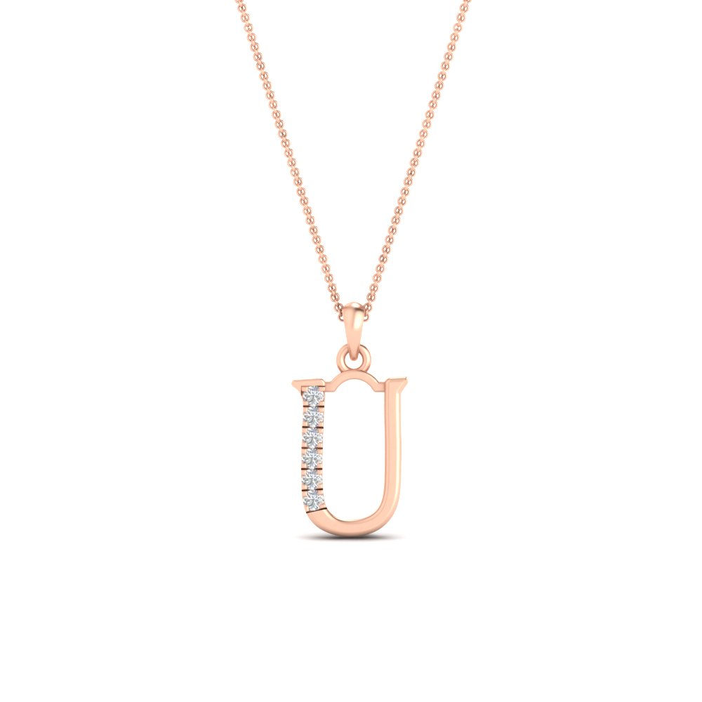 Diamond Initial U Pendant Necklace with 14K Rose Gold White Diamond